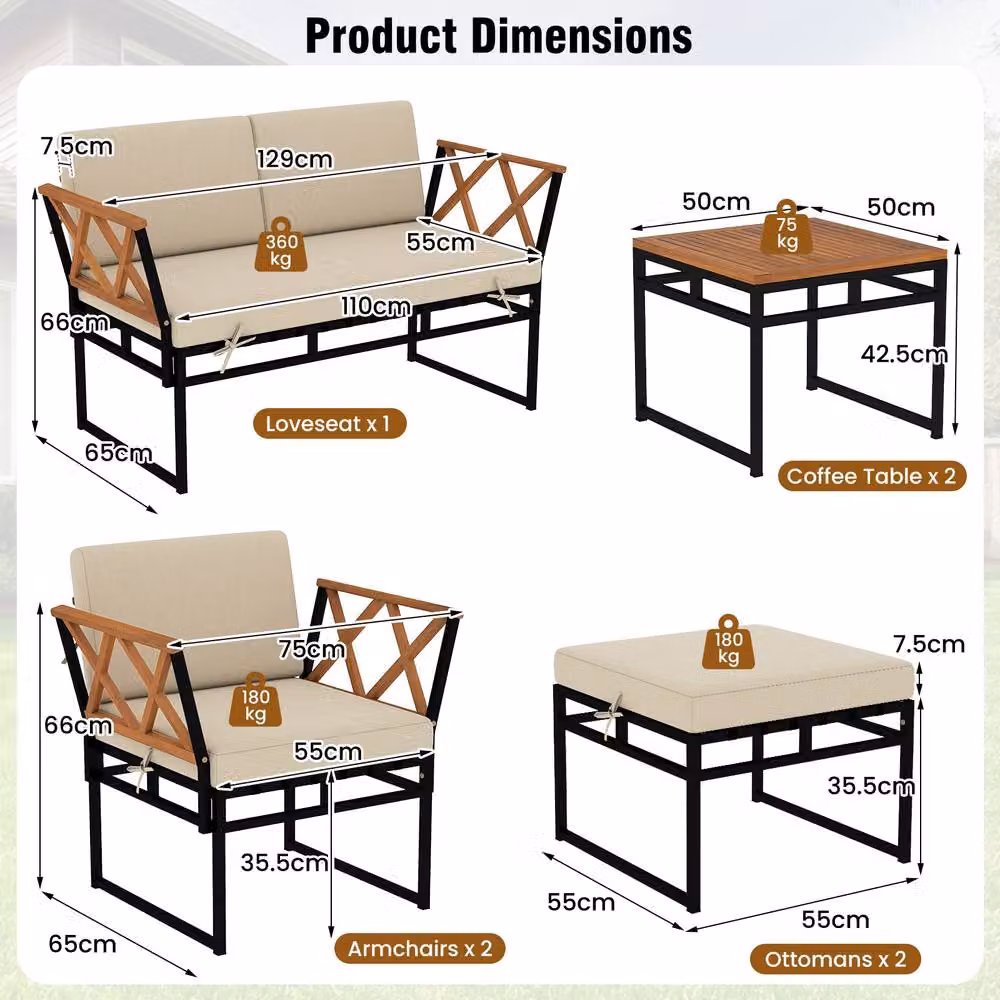 Costway 7 Piece L-Shape Outdoor Conversation Set with Metal Frame and Beige Upholstered Cushions – 6