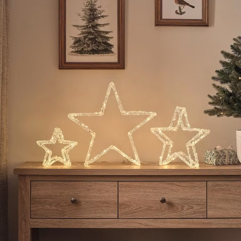 Star Silhouette LED 3D Acrylic Light Trio in Transparent and White with Warm White Light