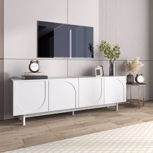 BTM Modern White TV Cabinet with Internal Shelves and Hinged Doors, W: 175 cm, D: 38 cm, H: 56 cm