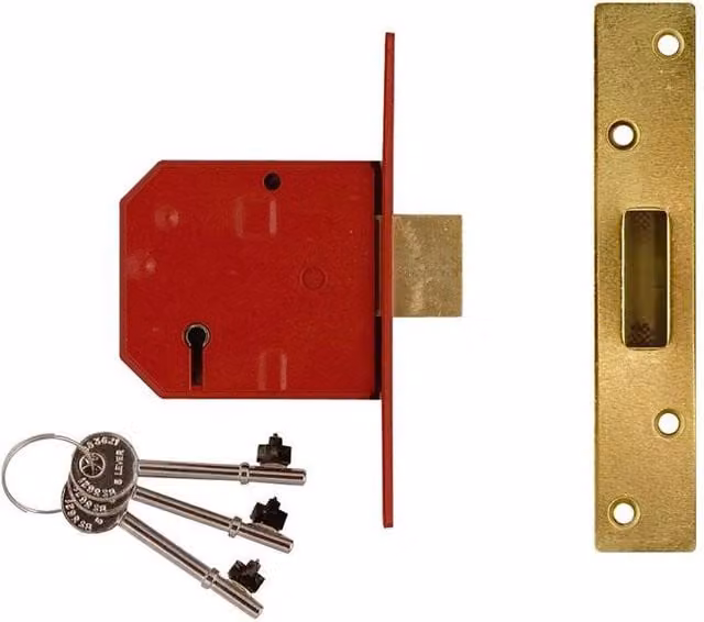 Union 2134E 5 Lever BS Mortice Deadlock in Satin Brass Finish with Red Box, 67 mm