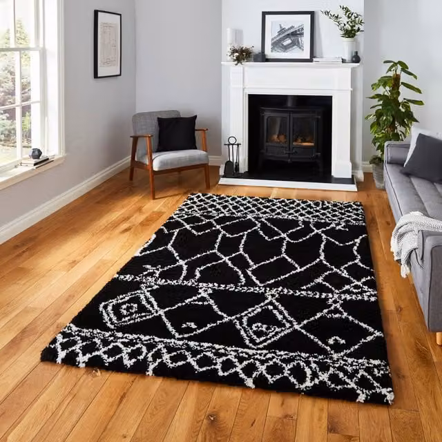 Think Rugs Scandi Berber G276 Moroccan Style Rectangular Machine Woven Rug in Black and White