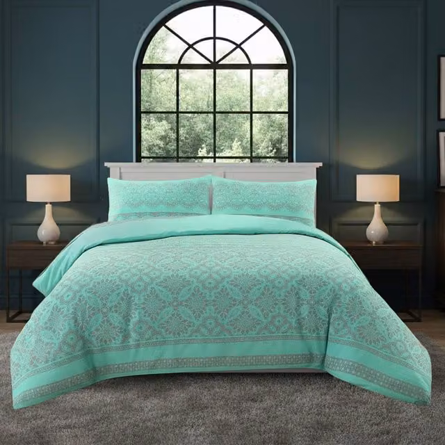 Snug City Elegant Floral Duvet Set and Pillowcase in Mint Green, Super King, W: 200 cm x D: 200 cm