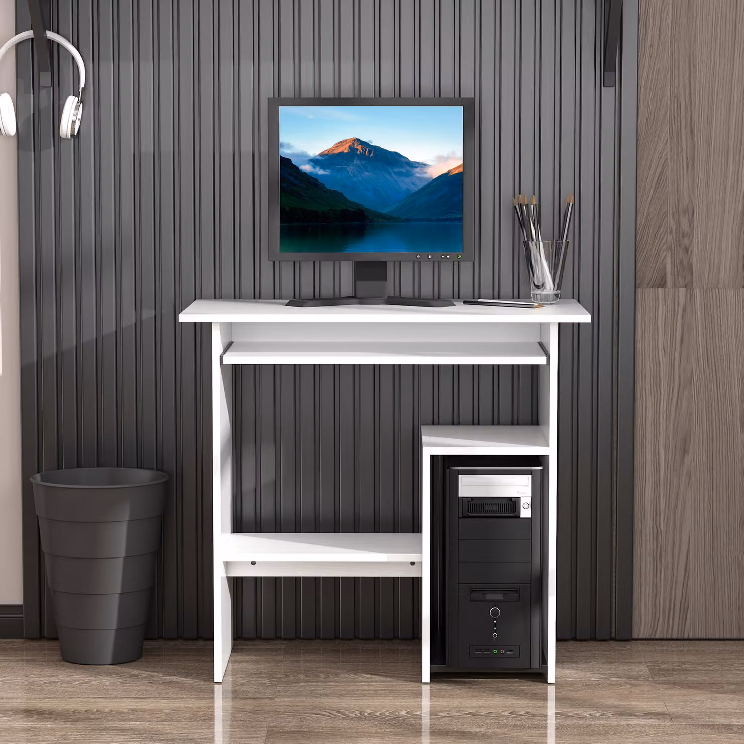HOMCOM Compact White Wooden Computer Desk with Keyboard Tray and Storage Shelf for Home Office – 2