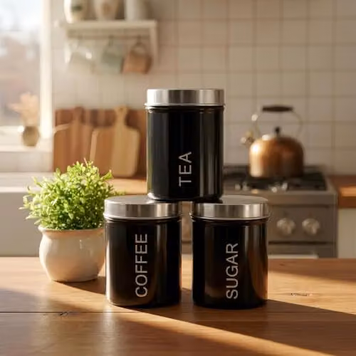 Harbour Housewares Metal Tea Coffee Sugar Canister Set in Black - 3pc Airtight Round Food Storage Containers – 2