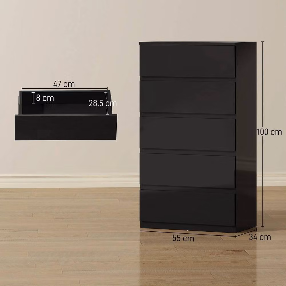 SPETLEK Modern Black Glossy 5 Drawer Bedroom Chest of Drawers with Soft Close Drawers, W/D/H: 100 x 34 x 55 cm – 2
