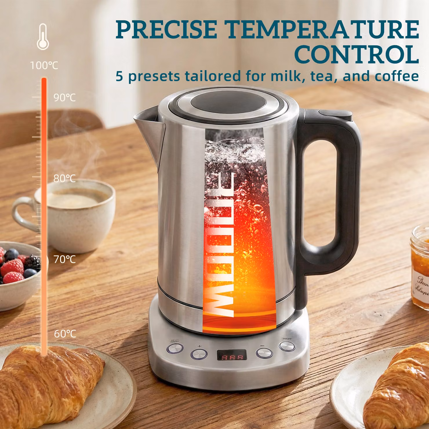 HOMCOM Electric Kettle, 1.7 l, Silver Tone, with Keep Warm Function and Limescale Filter – 5