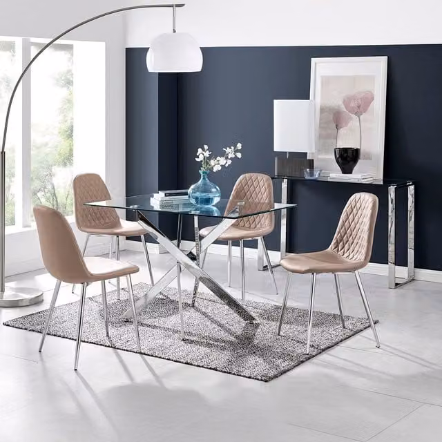 FurnitureboxUK Leonardo Dining Set with Rectangular Glass Table and 4 Corona Silver Chairs in Orange and Transparent