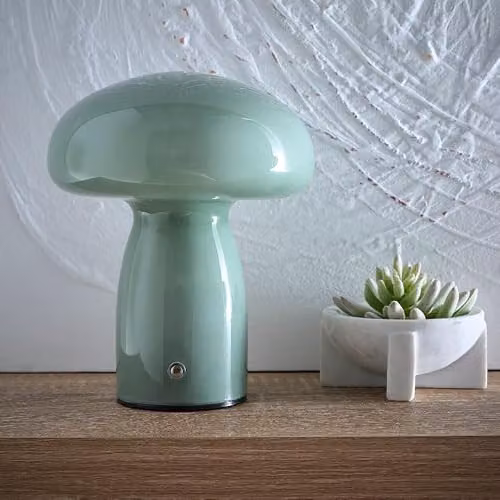 K LIVING Cory Green Glass Mushroom Rechargeable LED Table Lamp