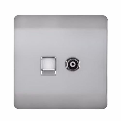 Trendi Switch 2 Gang Combination TV Co-Axial and RJ45 Cat 6 Ethernet Sockets in Brushed Steel Silver Art-TV+PC6BS