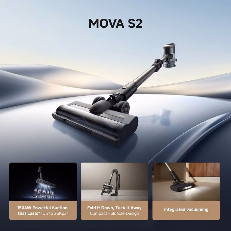 Mova S2 Cordless Stick Vacuum Cleaner in Black with 150AW Suction, LED Display, LED Headlight and Anti-Tangle Technology