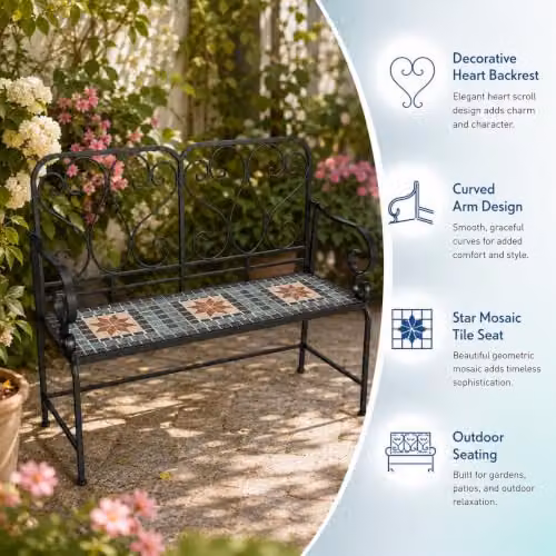 SHATCHI Marrakech 2 Seater Mosaic Garden Bench with Multicolour Geometric Ceramic Tile Seat and Lacquered Metal Frame, W: 112 cm, H: 96 cm, D: 47 cm – 5