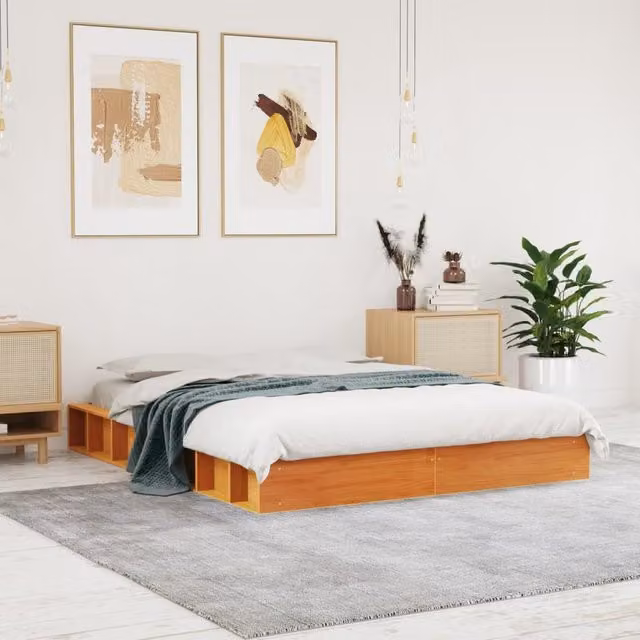 Berkfield Home Small Double Solid Wood Pine Bed Frame in Wax Brown, W/D/H: 120 x 200 cm