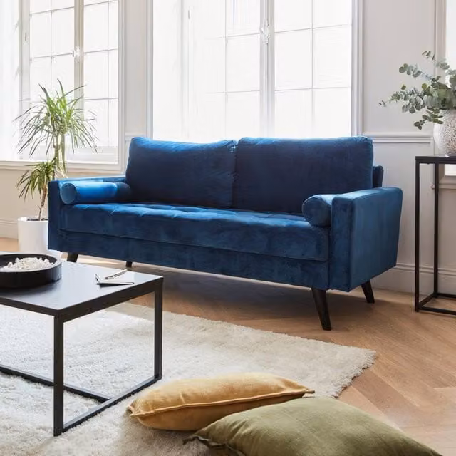 sweeek 3-Seater Vintage Style Velvet Fabric Sofa in Blue with Scatter Cushions, W/D/H: 177 x 81 x 84.5 cm