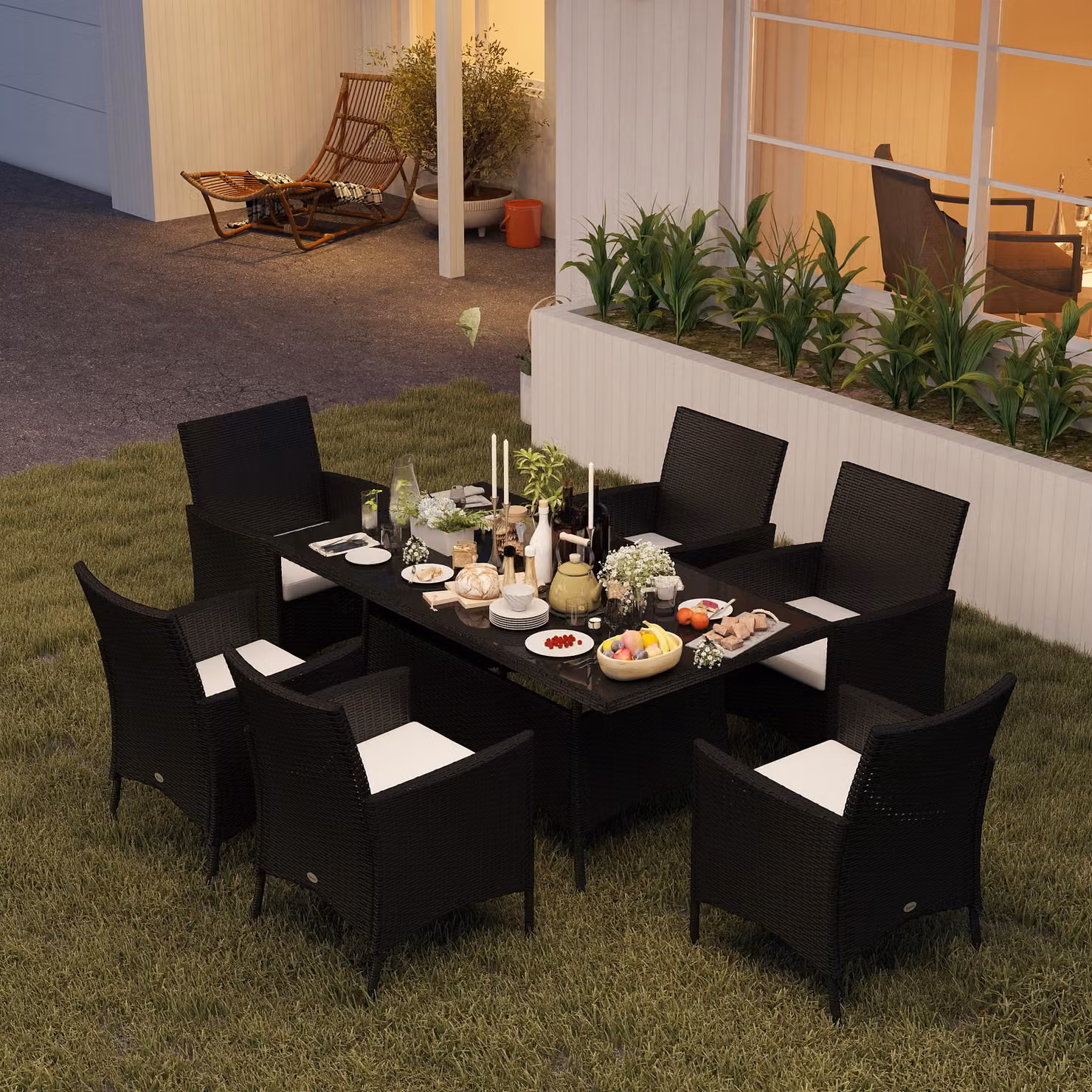 Outsunny 6-Seater Rattan Dining Set with Rectangular Glass Table and Cube Chairs in Black – 2