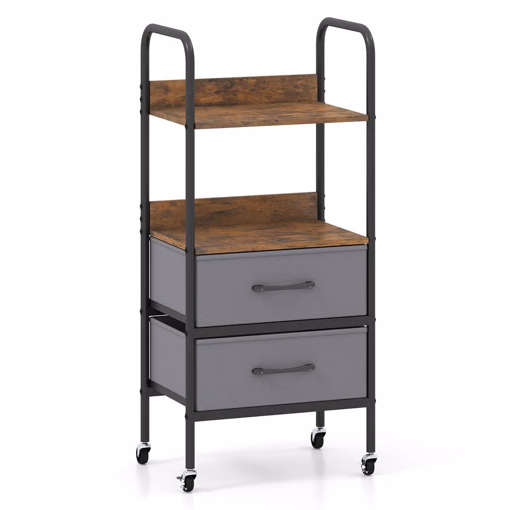 Costway Rolling Utility Storage Cart and Mobile Printer Stand with Shelves and Drawers in Brown – 2