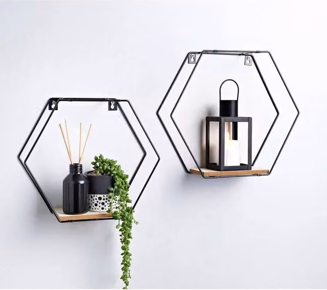 FLAVORA Set of 2 Black Metal Wall-Mounted Floating Shelves with Wire Design, Width: 50 cm