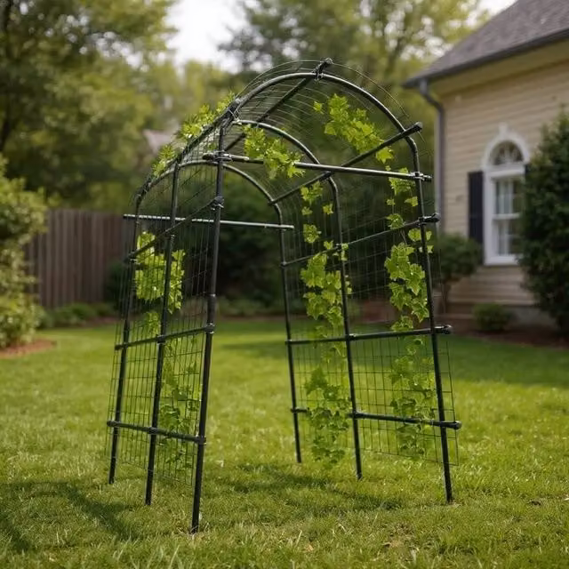VOGREX Black Metal Garden Arbor with Netting and Trellis Support, Height: 228.6 cm