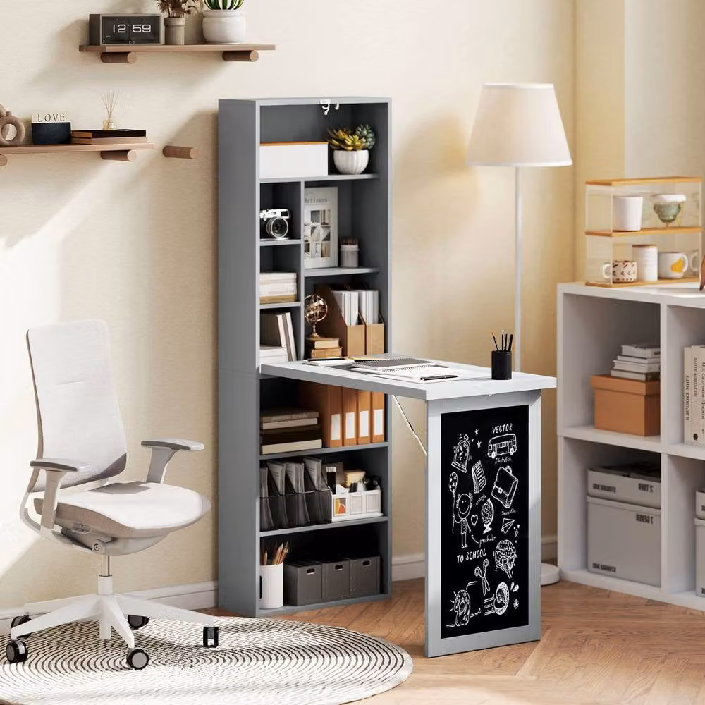 STILVORA Grey Folding Convertible Secretary Desk with Blackboard and Shelves, H 153 x W 98 x D 51 cm – 1