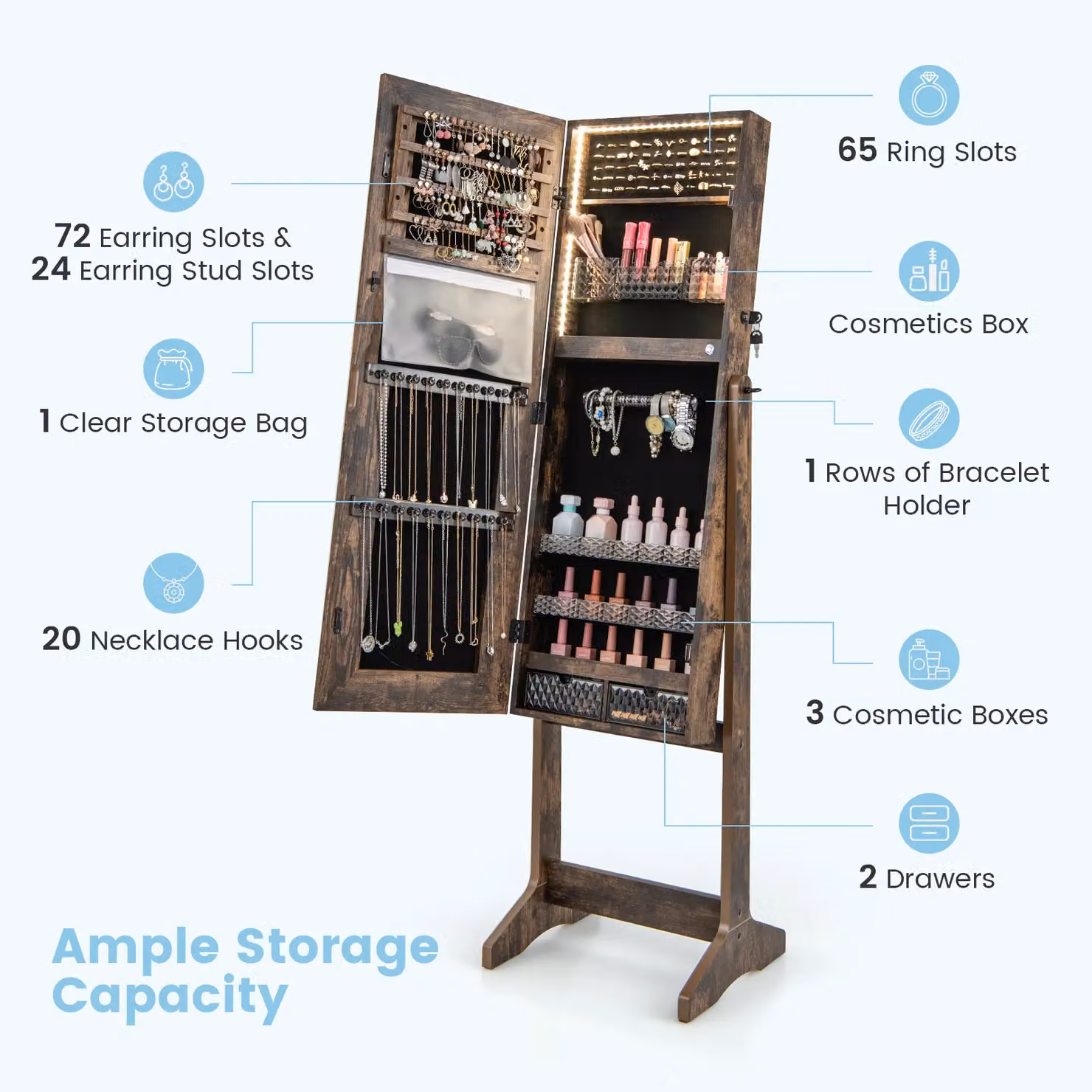 Costway Lockable Standing Jewelry Armoire with LED Lighting and Glass Doors in Brown – 5