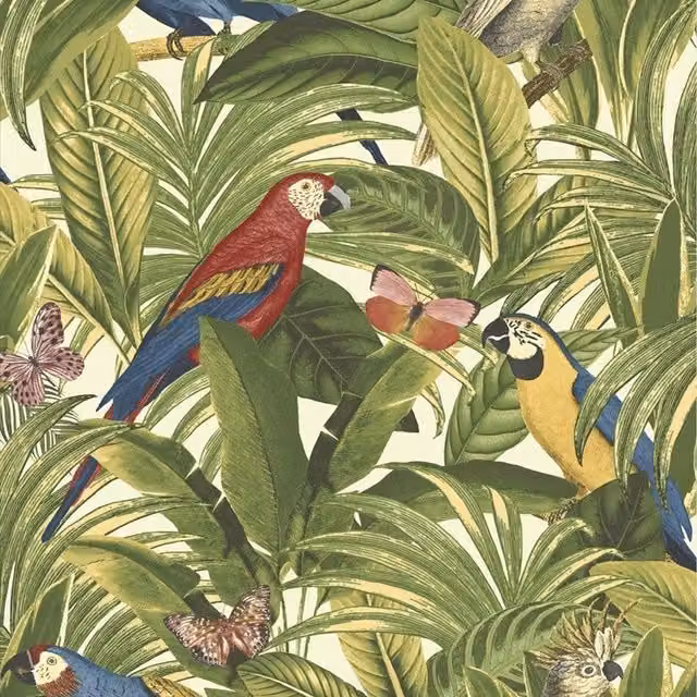 Grandeco Botanical Floral Wallpaper with Parrot and Bird Motif in Green and Red