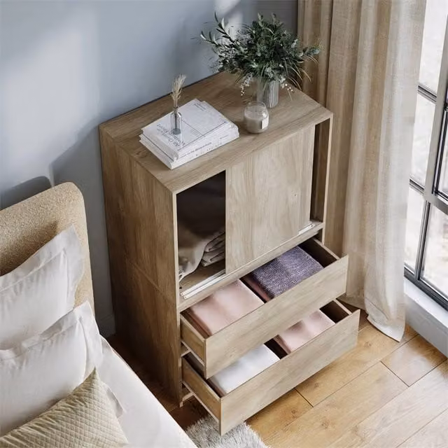 Nordara Oak Sliding Door Side Cabinet with Drawers and Internal Shelves, Brown, W/D/H: 120 x 51.5 x 80 cm