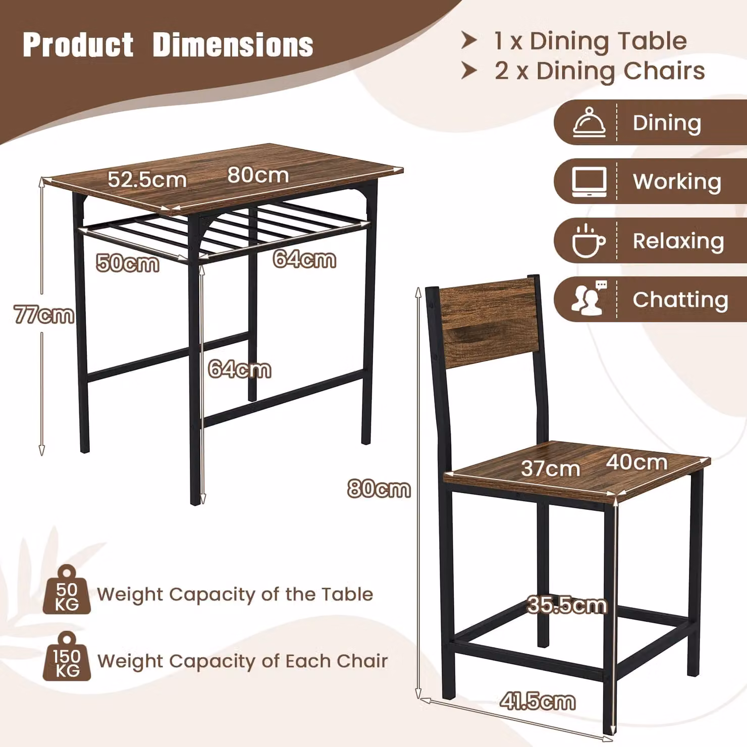 Costway 3-Piece Retro Dining Table and Chair Set in Brown with Wood and Metal Construction – 2