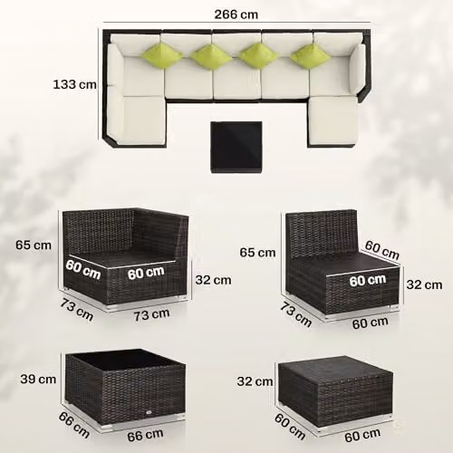 Outsunny 7-Seater L-Shape Rattan Garden Furniture Set with Upholstered Cushions, Ottoman and Coffee Table, Brown – 11