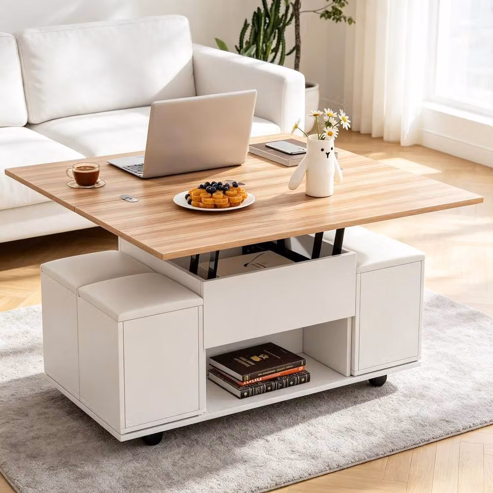 Merax White Lift Top Coffee Table with 4 Hidden Stools and Storage Compartment – 3