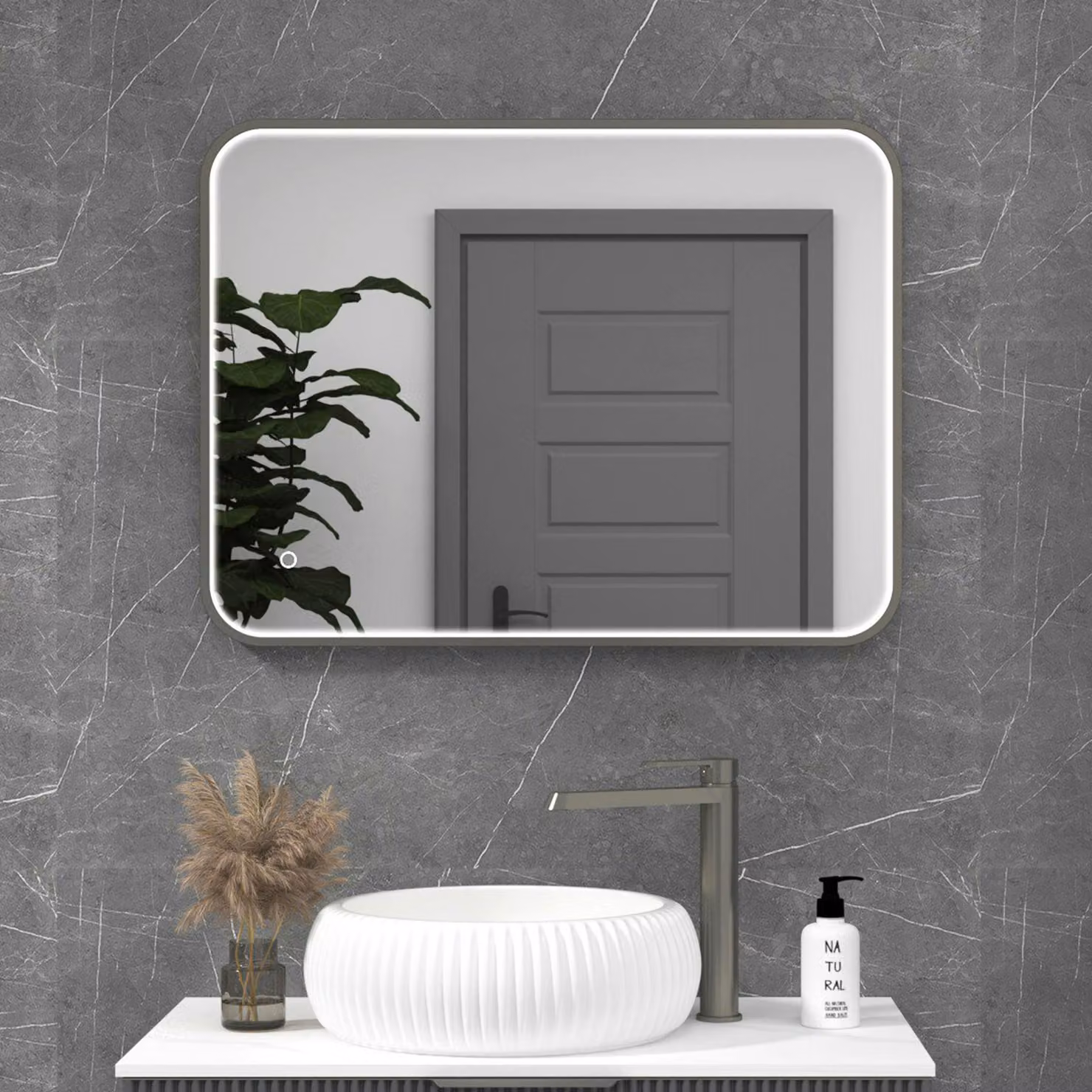 Royal Bathrooms Luxor Illuminated Rectangular Mirror in Gun Metal Grey with LED Light, Touch Sensor and Demister Pad, W: 60 cm, H: 80 cm