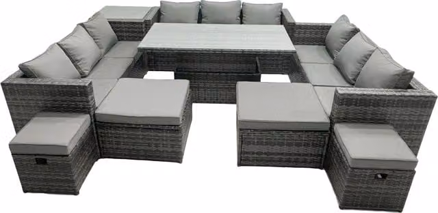 Fimous 13-Seat Dark Grey Mixed Rattan Garden Sofa and Dining Set with Tempered Glass Table