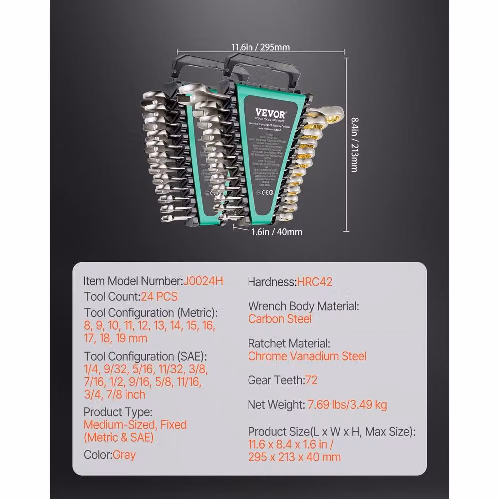 VEVOR 24-Piece Combination Ratcheting Wrench Set in Silver Chrome Vanadium Steel – 2