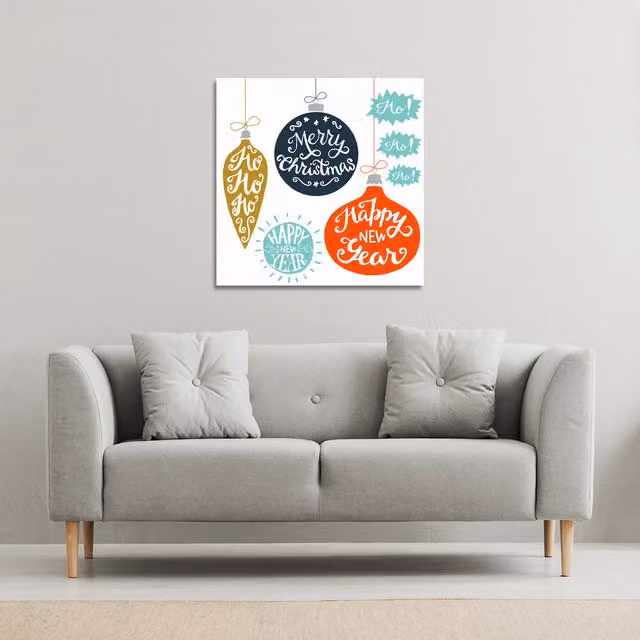 Benjamin Tate Design LTD Vintage Christmas Baubles With Merry Gallery Christmas Canvas Wall Art, White and Multicolour, W: 77 cm