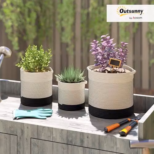 Outsunny 3-Piece Set of Round White Cotton and Plastic Plant Pots, Diameter: 30 cm – 2
