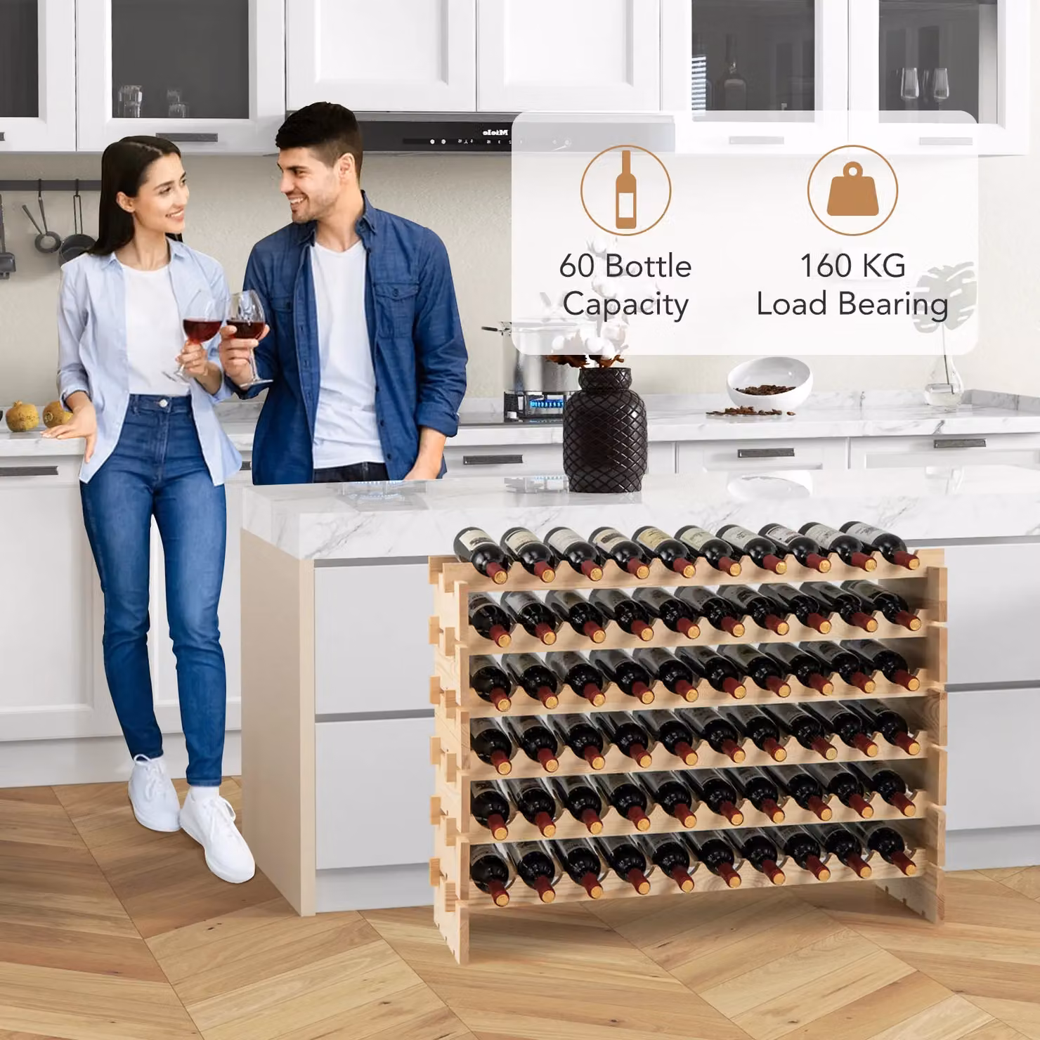 Costway Stackable Modular 60 Bottle Wine Rack in Natural Pine Wood – 4