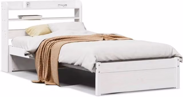 Berkfield Home Small Single Bed Frame with Headboard and Side Compartments in White Solid Pine Wood, W/D/H: 75 x 190 x 75 cm