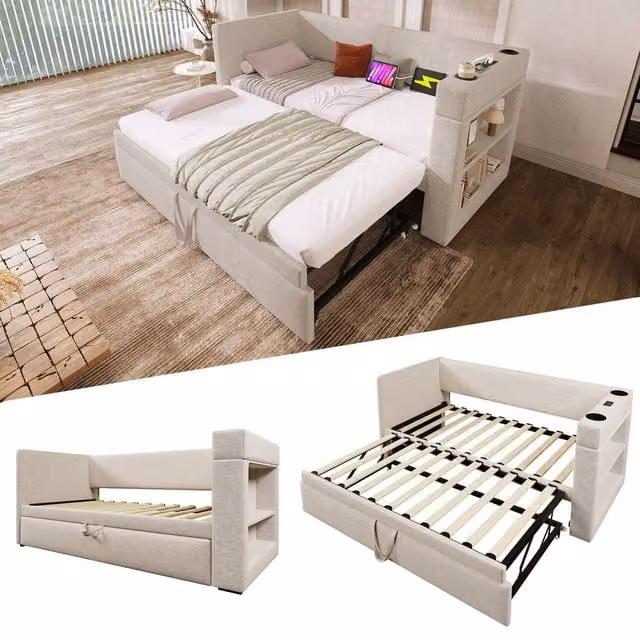 BTM Linen Daybed with Trundle, Cup Holders and USB Charging Station in Beige, W/D/H: 90 x 190 cm