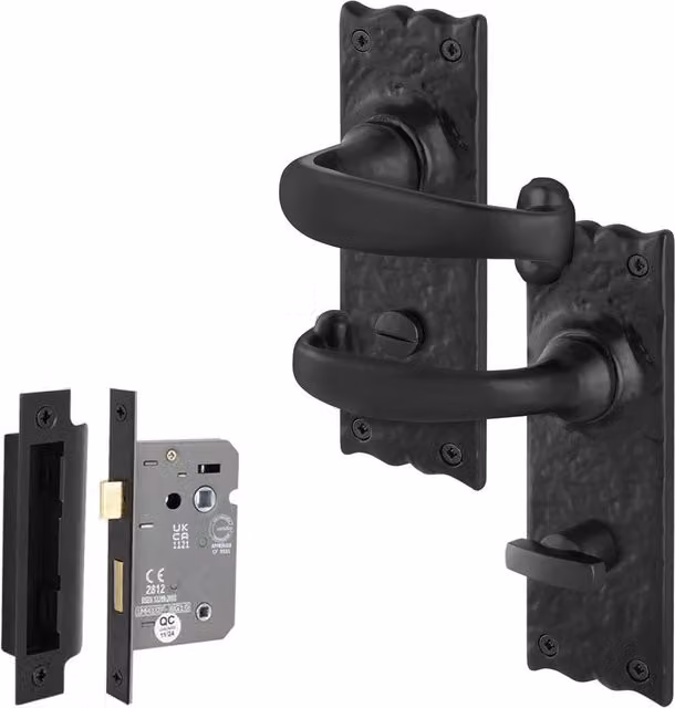 AFIT Black Antique Cast Iron Bathroom Door Handles with WC Lock, 1 Pair, W/H: 15 x 15 cm – 1