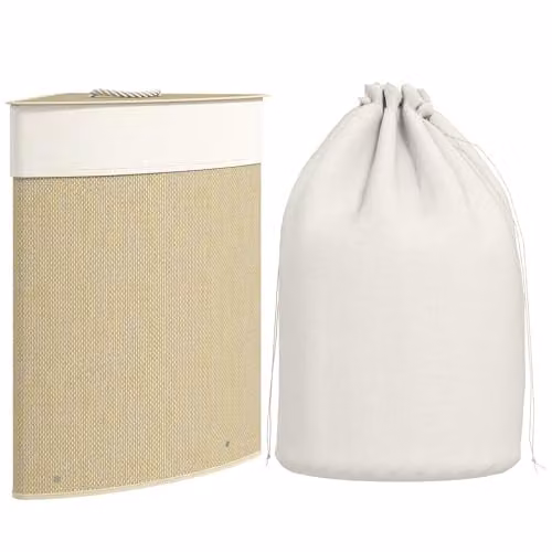 HOMCOM Bamboo Laundry Basket with Lid and Removable Fabric Liner Bag, 55L, Brown and Beige