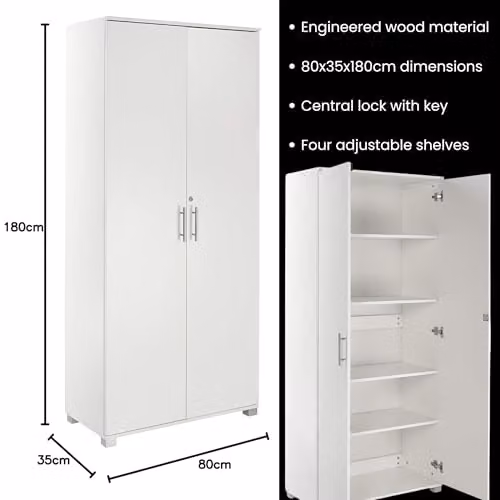 MMT Furniture Designs Ltd Tall 2 Door Locking Storage Cabinet in White, W/D/H: 80 x 35 x 180 cm – 2