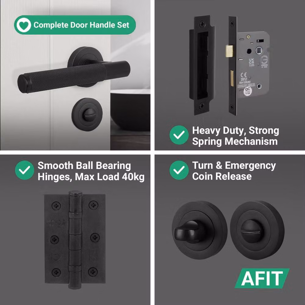 AFIT Matt Black Bathroom Door Handle Rose with WC Lock and Hinges, W/D/H: 15 x 15 x 2 cm – 7