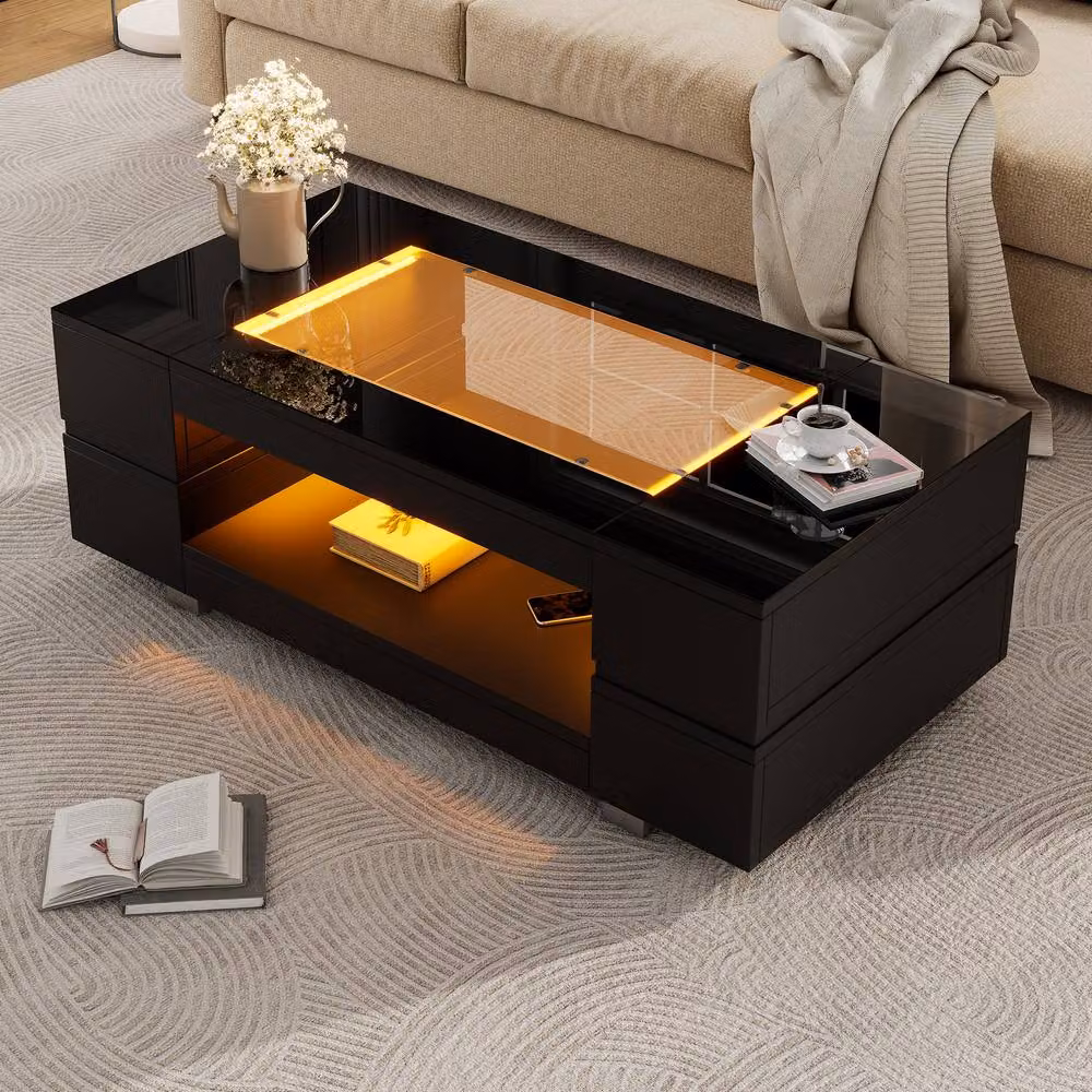 STILVORA Modern Black Coffee Table with LED Lighting and Open Storage, W: 100 cm, D: 50 cm, H: 35 cm – 2