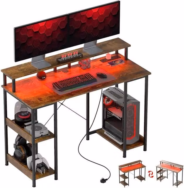 PAWNORA Rustic Brown Computer Desk with Storage for Home Office