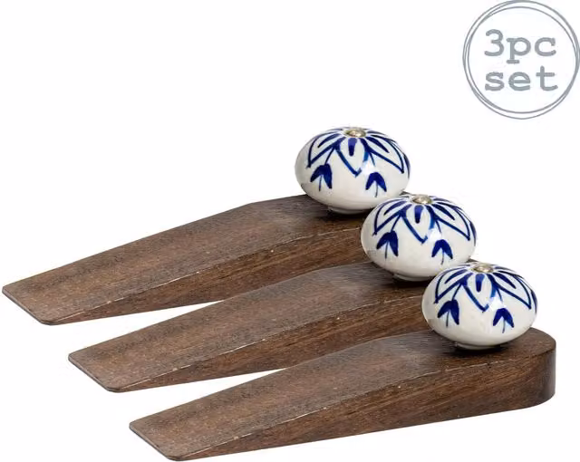 Nicola Spring Traditional Vintage Wooden Door Wedge Stop, Blue, Pack of 3 – 6