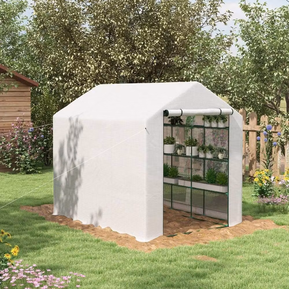 VOGREX White Walk-in Gable Garden Greenhouse with Shelving, H 210 cm x W 180 cm x D 180 cm – 2