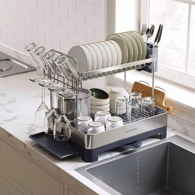 The Bazaarist 2 Tier Rotating Dish Drying Rack with Spout and Drip Tray in Grey