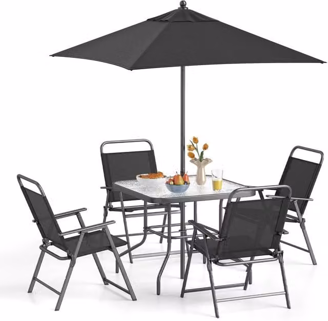 Costway 6 Piece Modern Outdoor Dining Set with Umbrella in Black