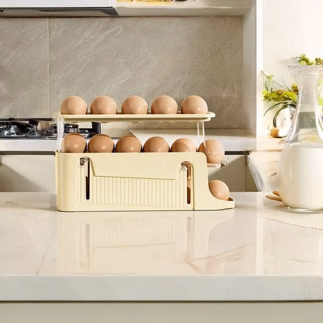 Livingandhome 3-Layer Expandable Egg Storage Rack in White and Transparent Plastic