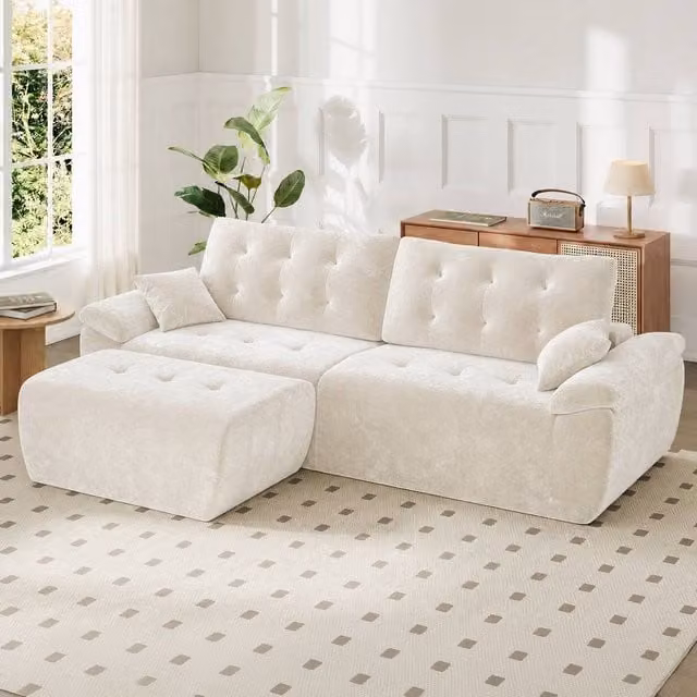 Dprodo Beige Chenille L-Shaped 4 Seater Modular Sectional Sofa with Matching Ottoman and Scatter Cushions