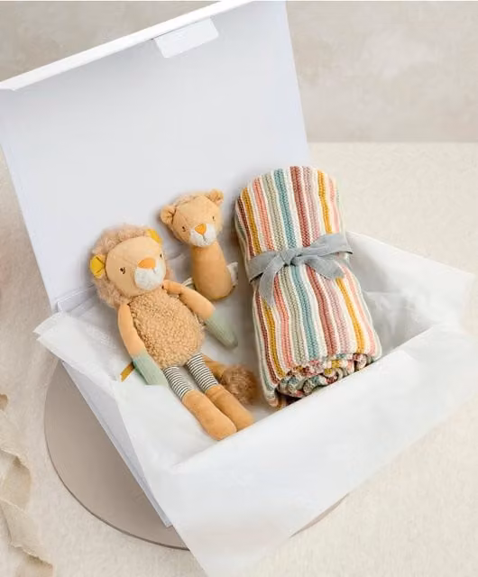 Mamas & Papas Knitted Cotton Blanket and Lion Gift Box in Multicolour