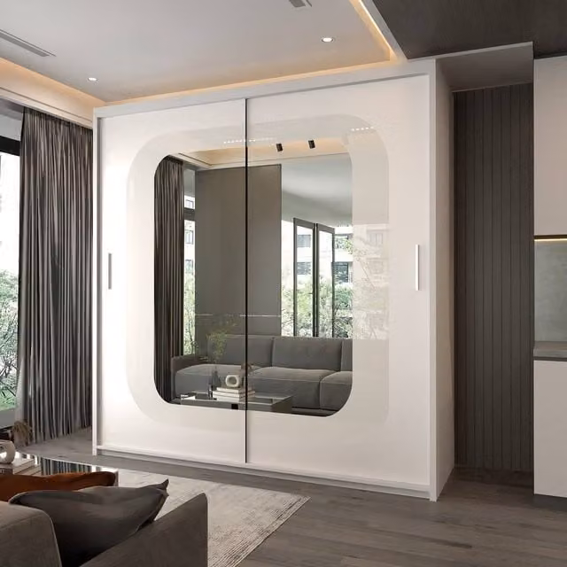Sliding Wardrobes 4U Modern Double Door Sliding Wardrobe with LED Light and Mirror, White, W: 203 cm, H: 217 cm – 1